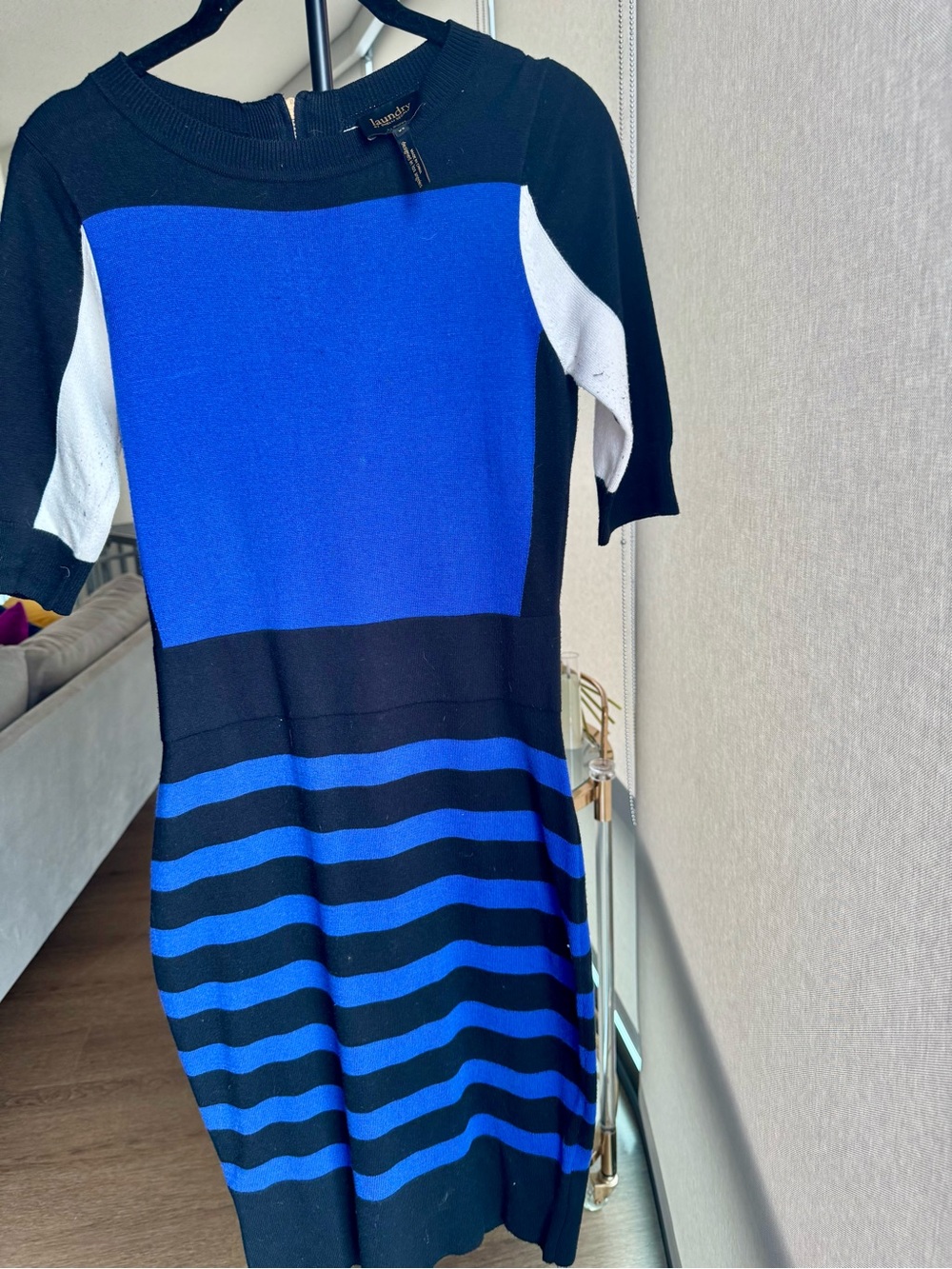 Laundry By Shelli Segal Blue and Black Striped Knit Midi Dress